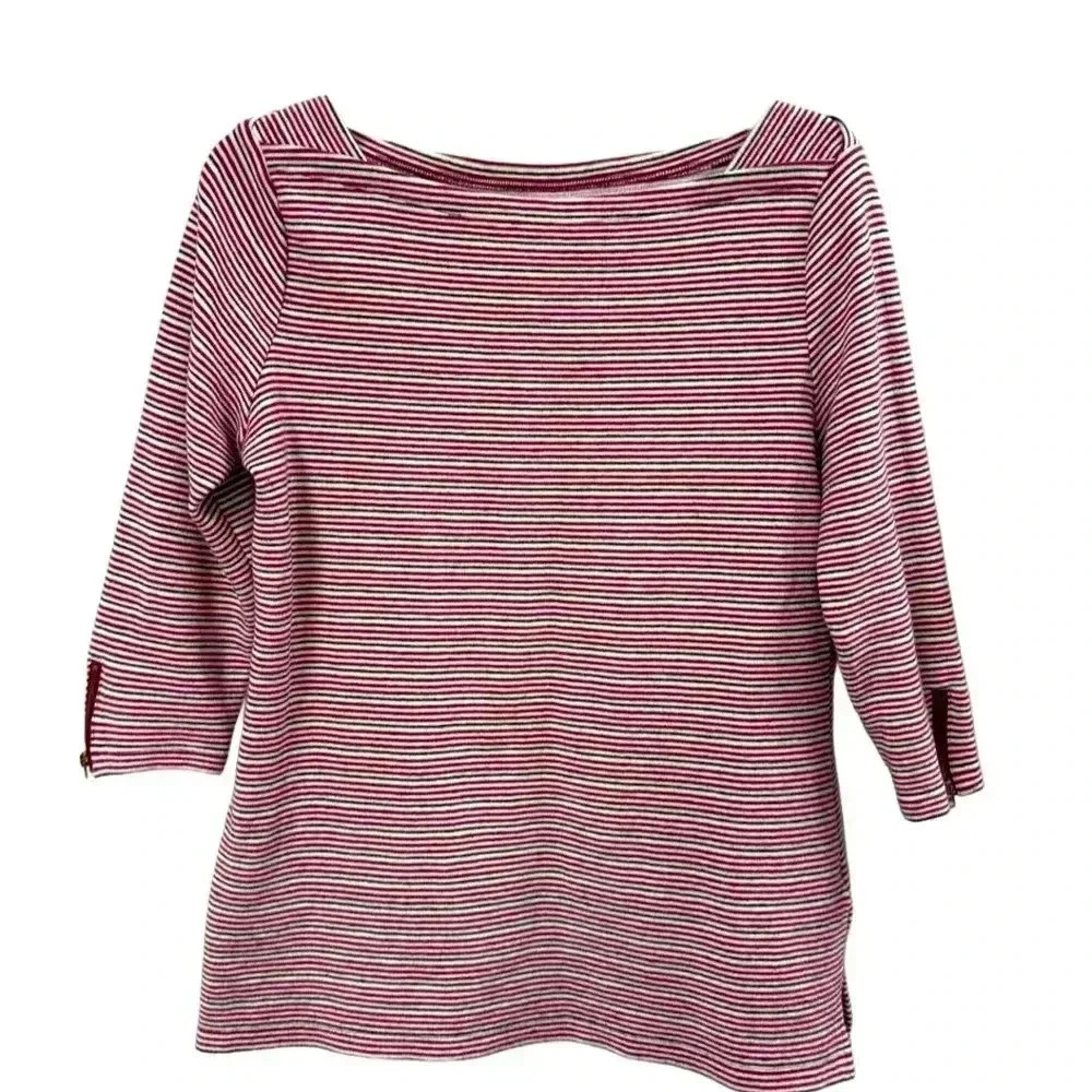Kim Rogers Women's Medium Maroon White Striped Long Sleeve Round Neck Top